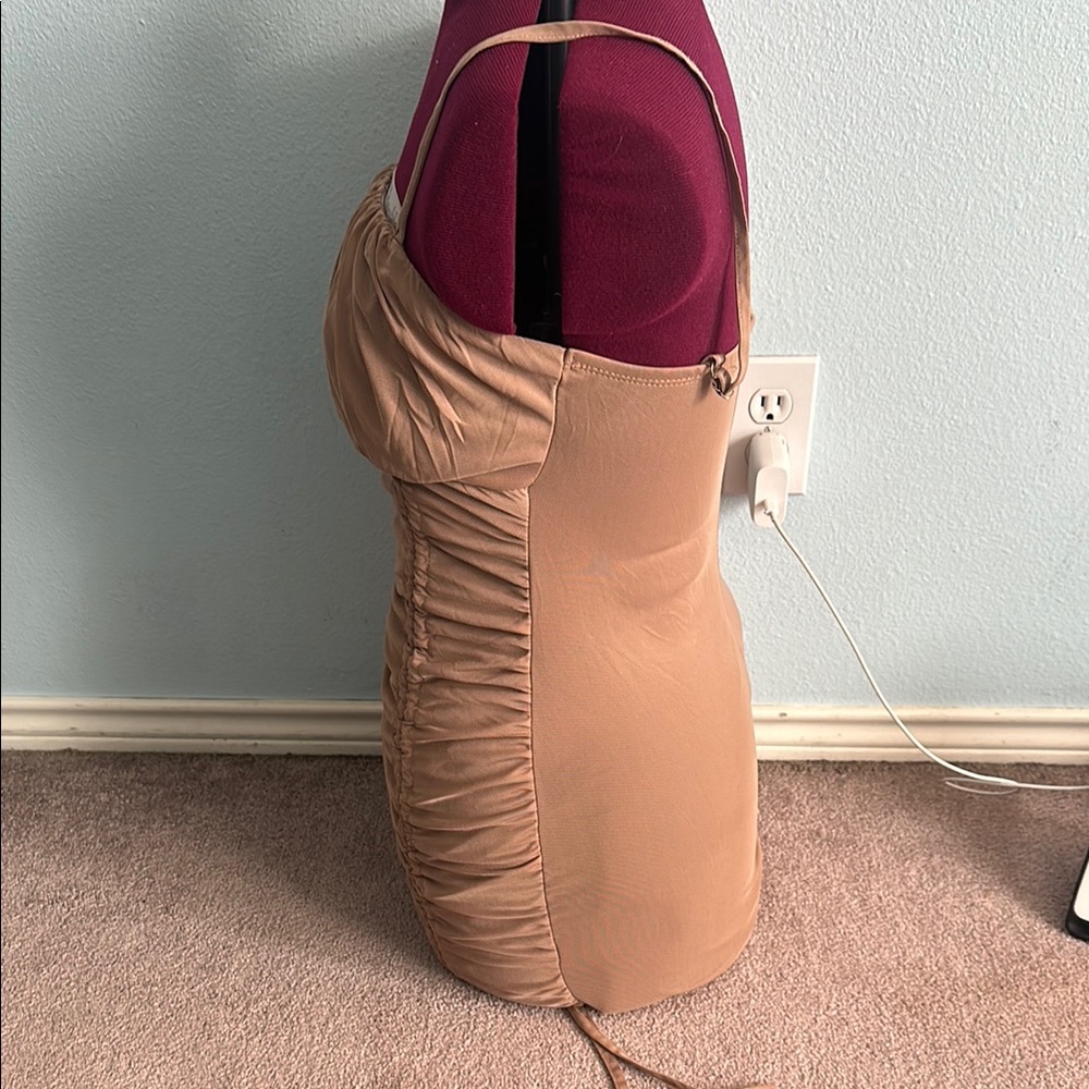 Tan Ruched Mini Dress - Picture 2 of 8